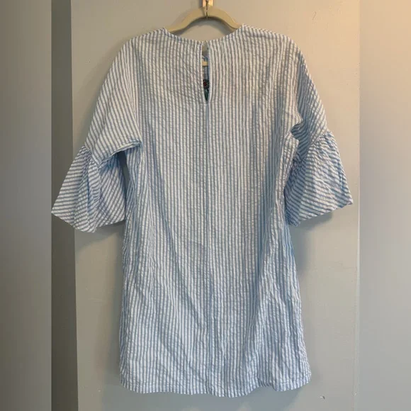 Song of Style Blue White Seersucker Stripe Floral Embroidery Mini Dress Small - Picture 6 of 9